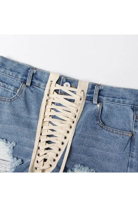 PA969 Lace Up Denim Shorts