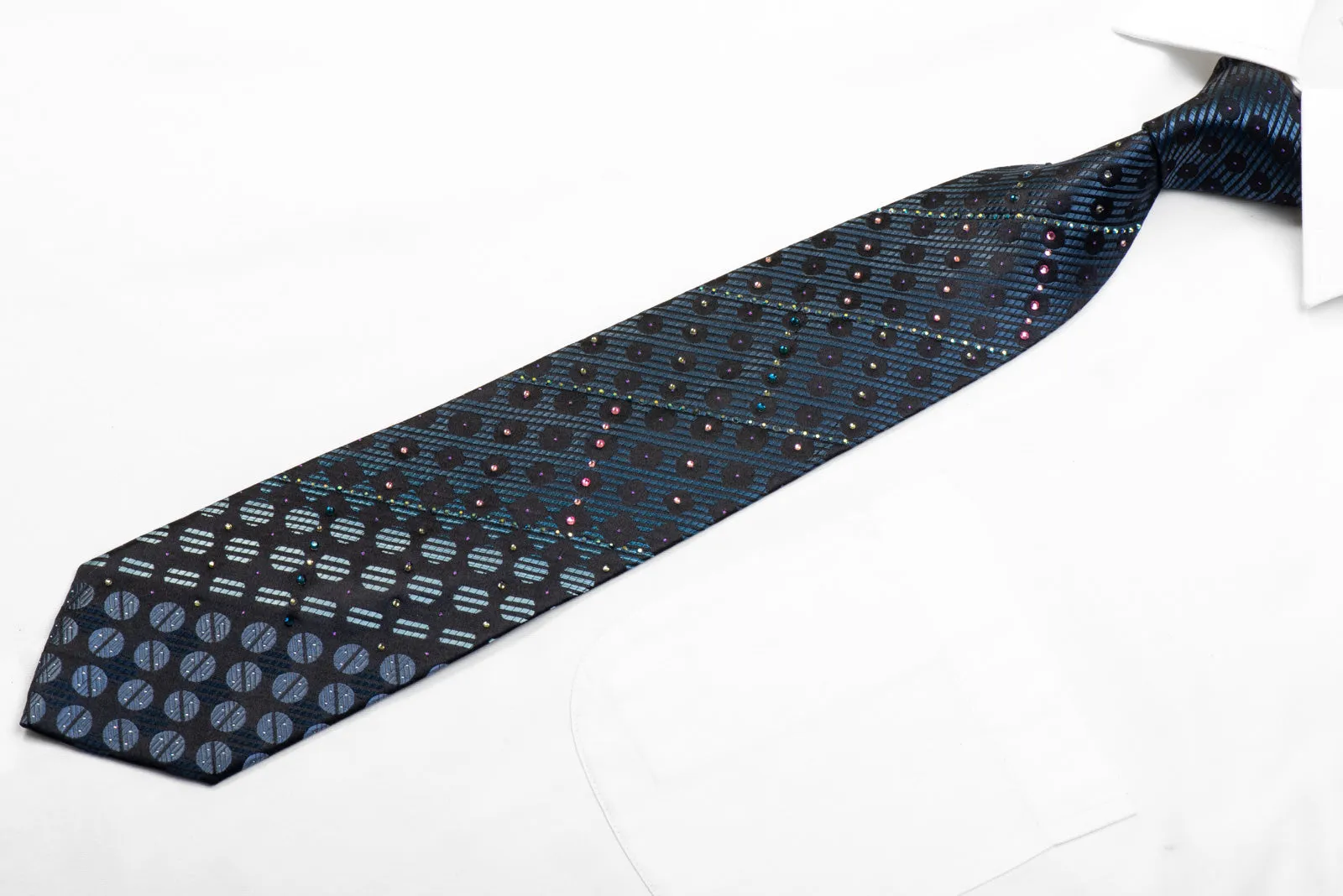 Pierre Cardin Rhinestone Silk Tie Blue Geometric On Black With Purple Sparkles