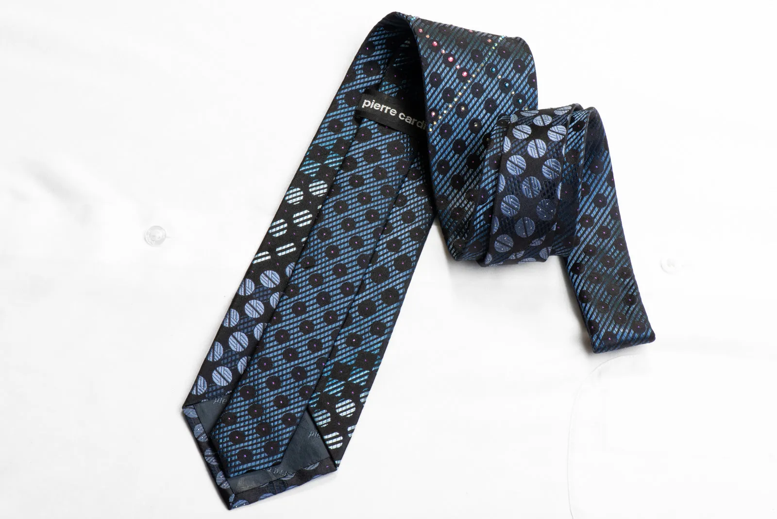Pierre Cardin Rhinestone Silk Tie Blue Geometric On Black With Purple Sparkles