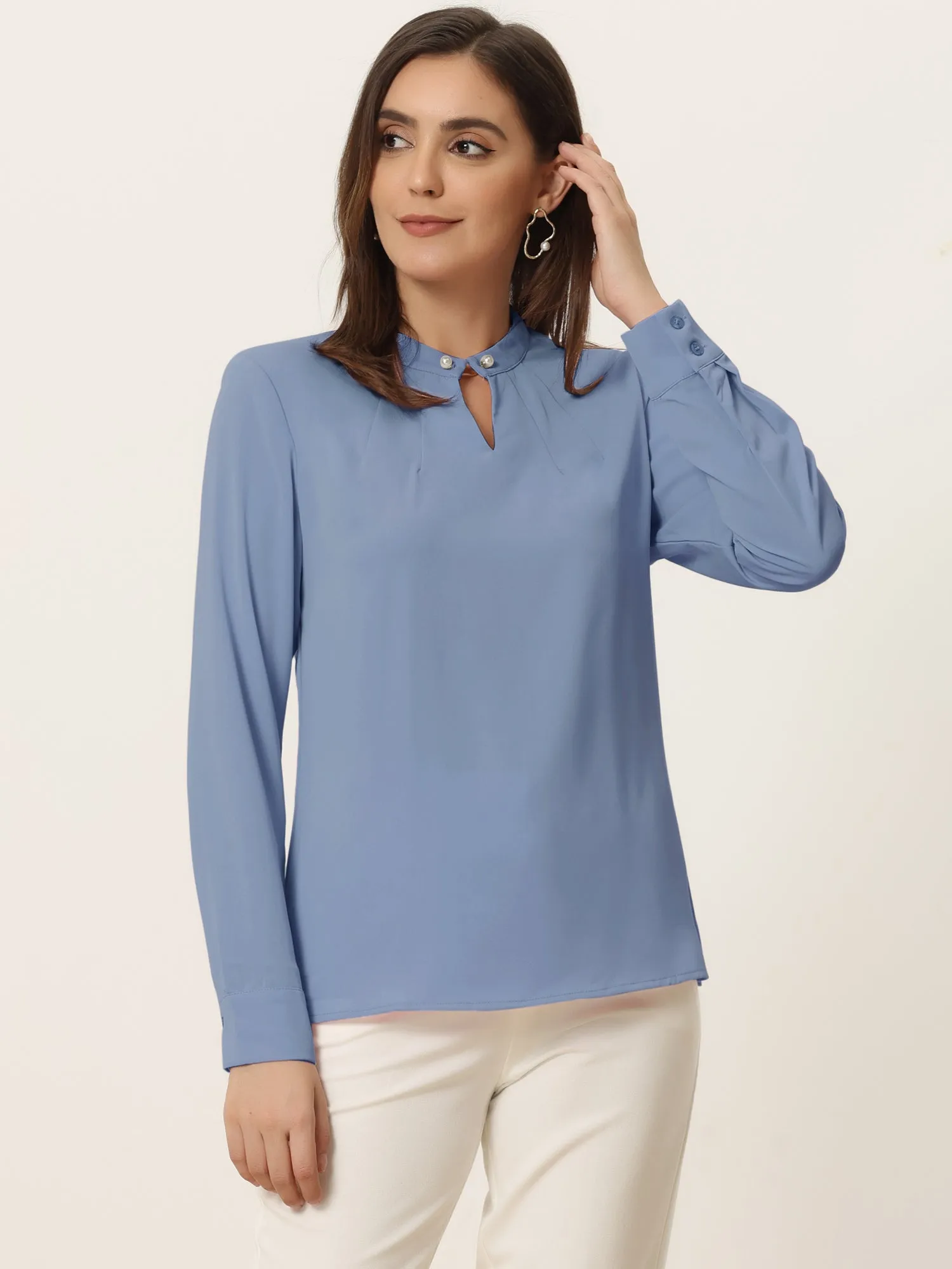 Pleated Mock Neck Pearl Decor Elegant Work Blouse Top