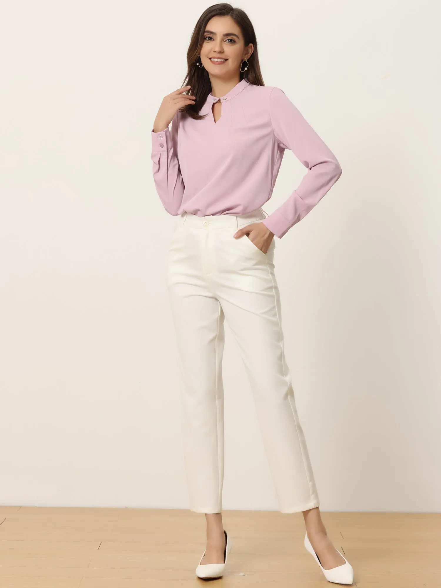 Pleated Mock Neck Pearl Decor Elegant Work Blouse Top