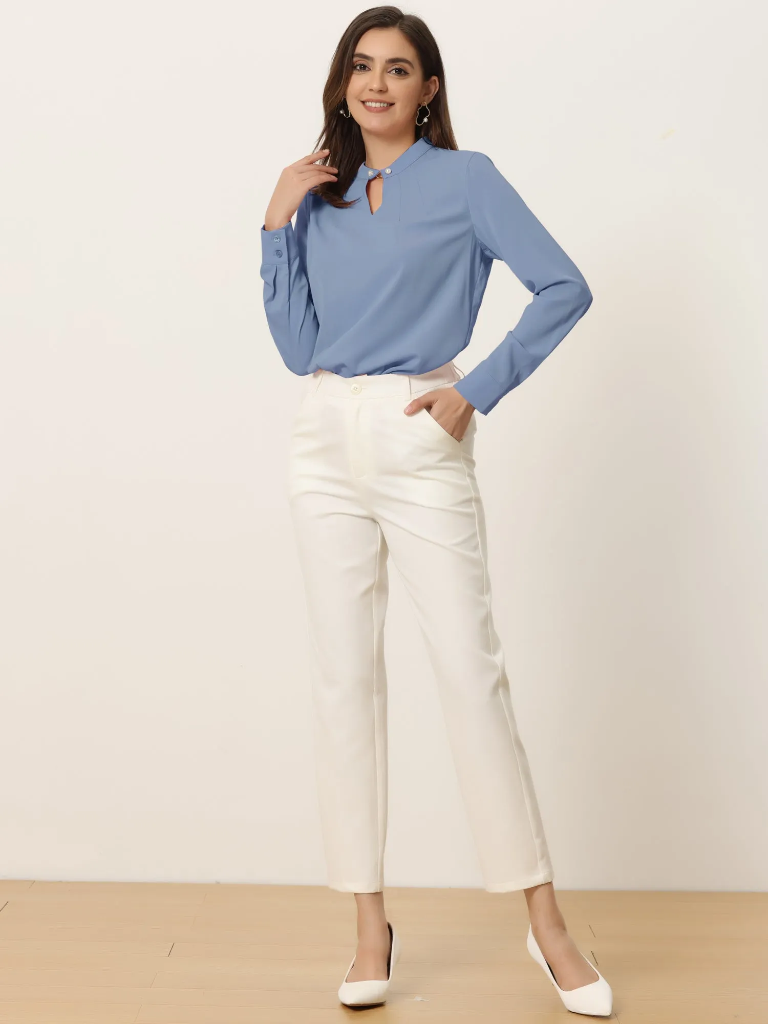 Pleated Mock Neck Pearl Decor Elegant Work Blouse Top
