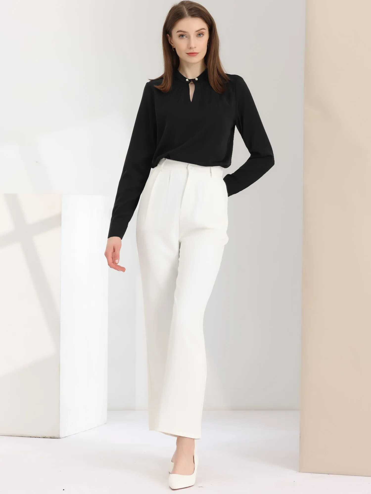 Pleated Mock Neck Pearl Decor Elegant Work Blouse Top