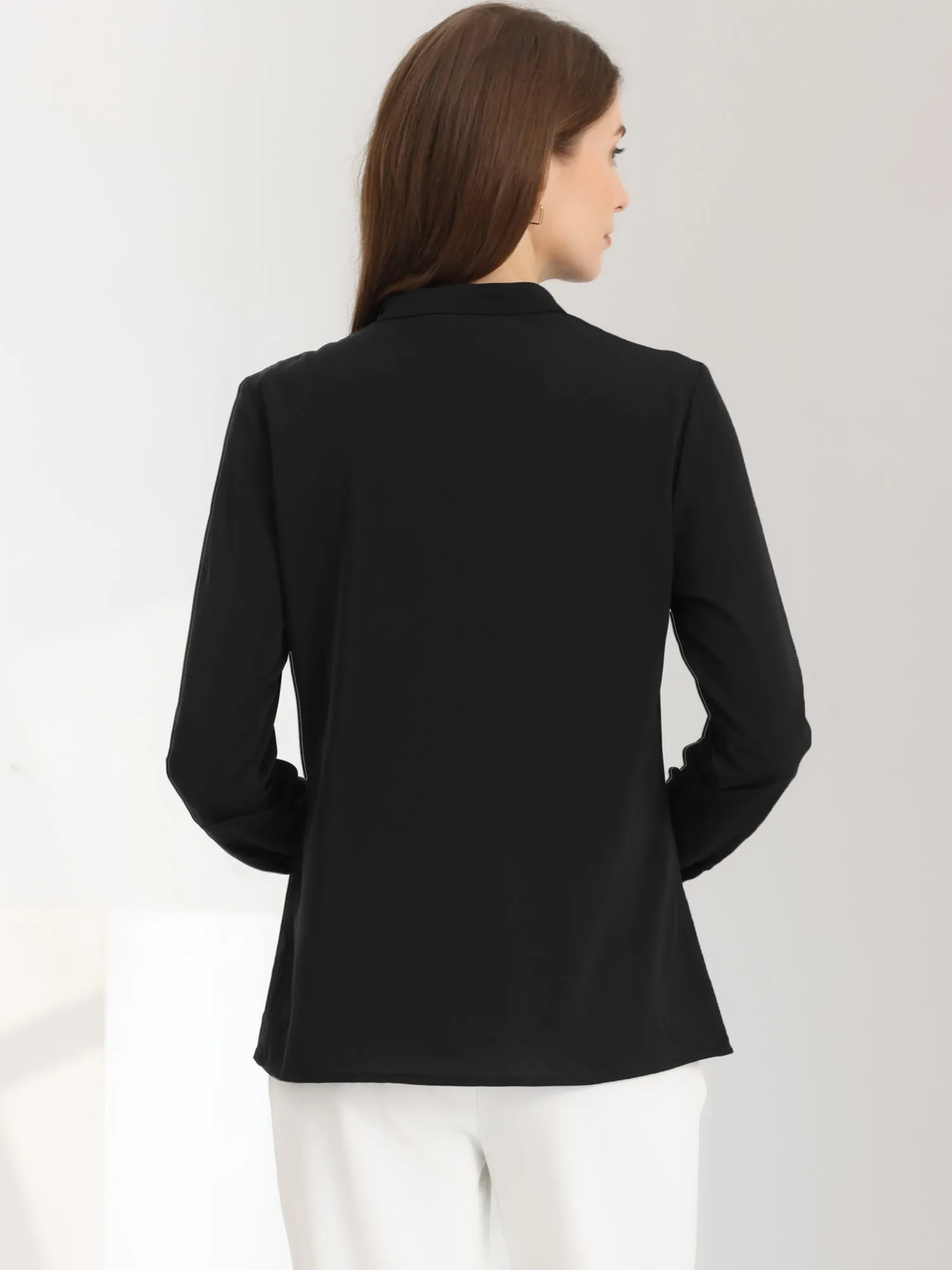 Pleated Mock Neck Pearl Decor Elegant Work Blouse Top