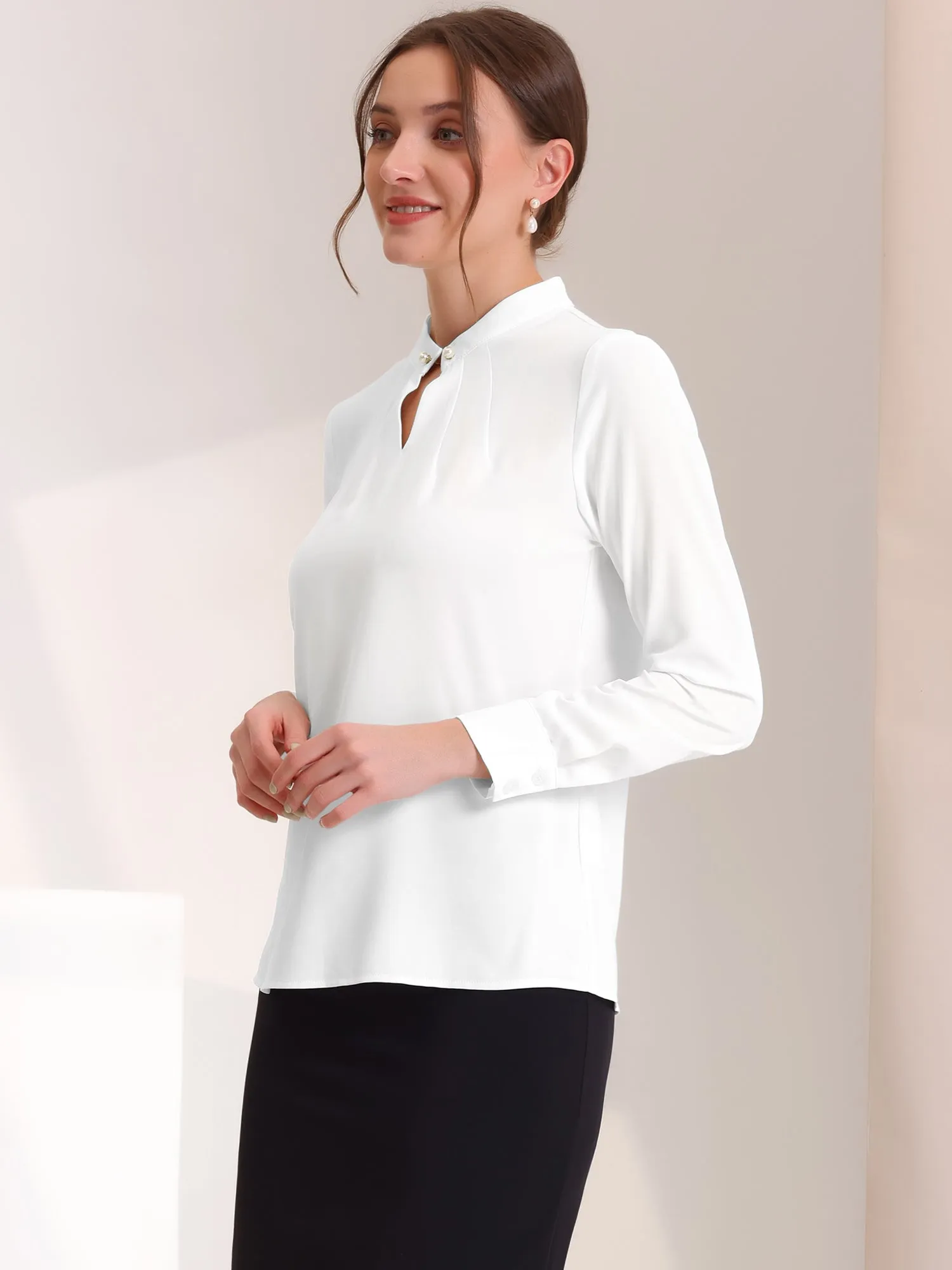 Pleated Mock Neck Pearl Decor Elegant Work Blouse Top