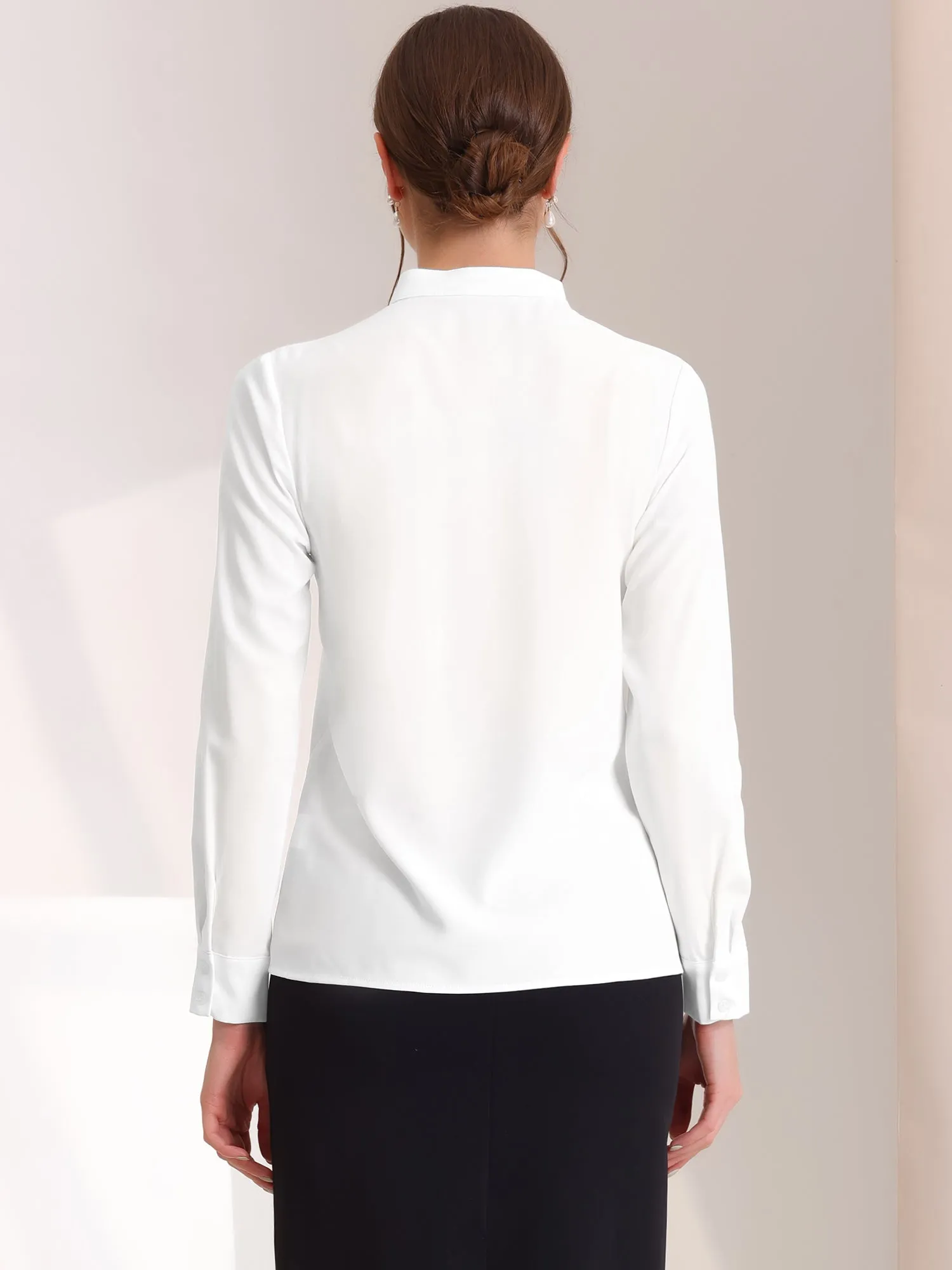 Pleated Mock Neck Pearl Decor Elegant Work Blouse Top