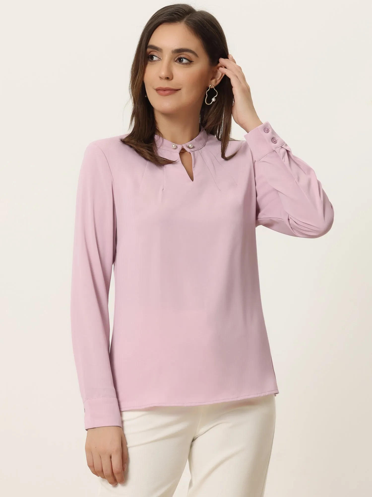 Pleated Mock Neck Pearl Decor Elegant Work Blouse Top