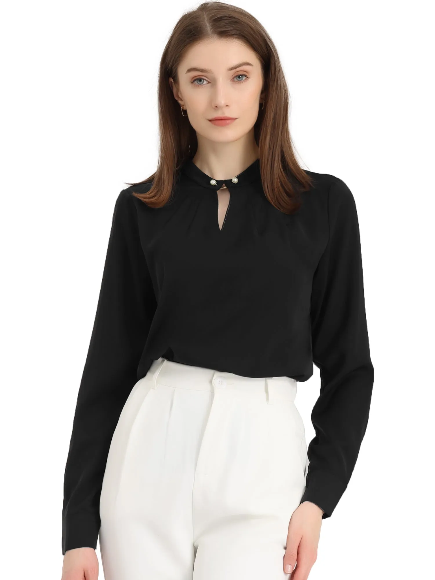 Pleated Mock Neck Pearl Decor Elegant Work Blouse Top