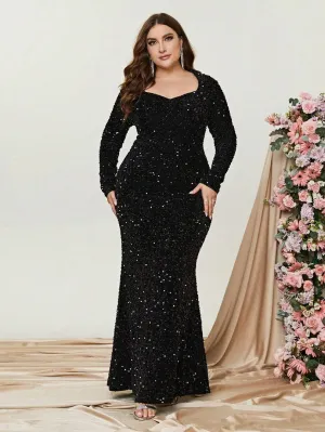 Plus Sweetheart Neck Long Sleeve Sequin Prom Dresses