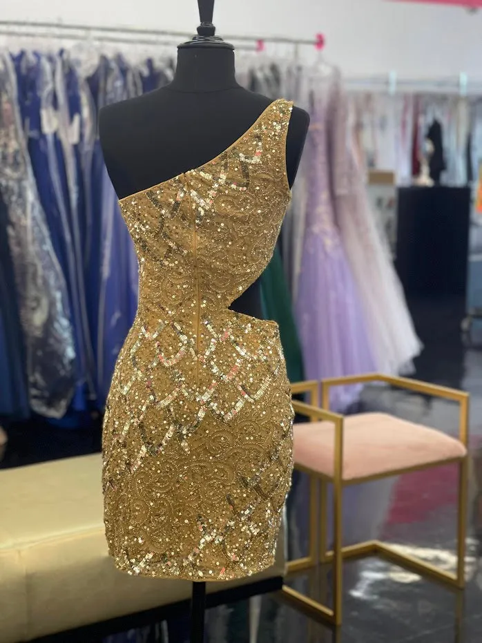 Primavera Couture 3504 Size 0 Gold Cocktail Dress One shoulder sequins