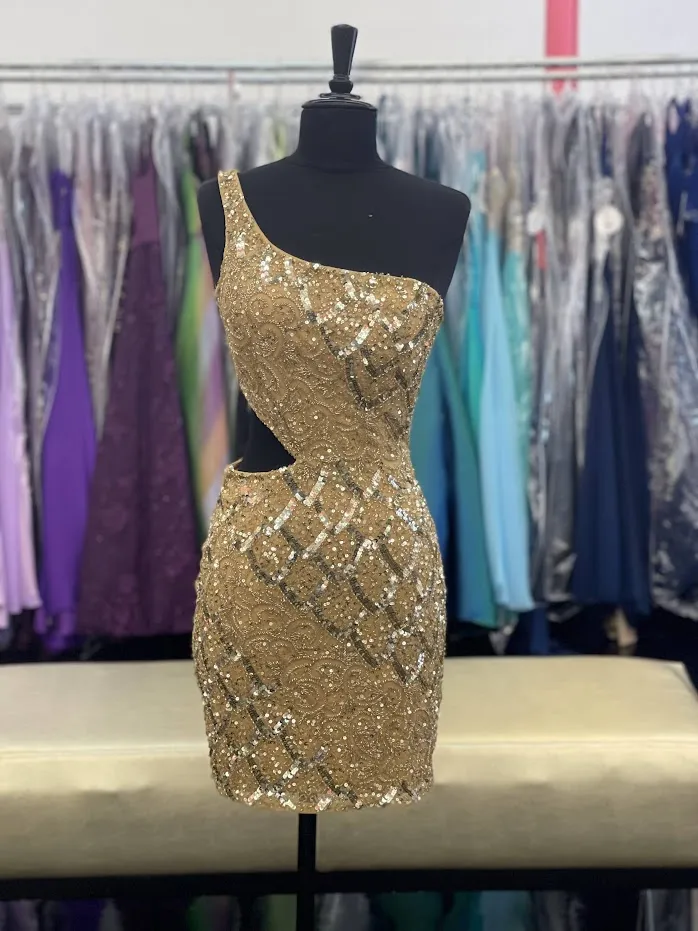Primavera Couture 3504 Size 0 Gold Cocktail Dress One shoulder sequins