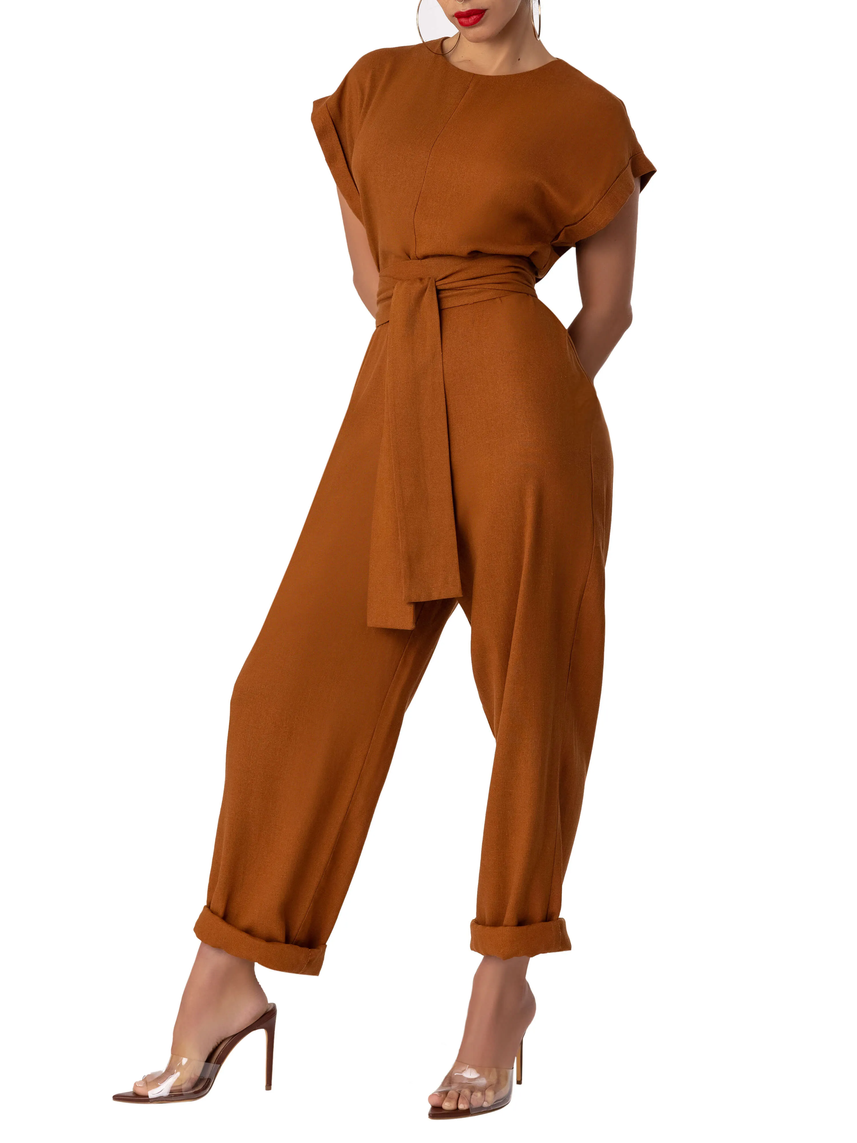 "Zion" Cognac Cap Sleeve Relaxed Jumpsuit