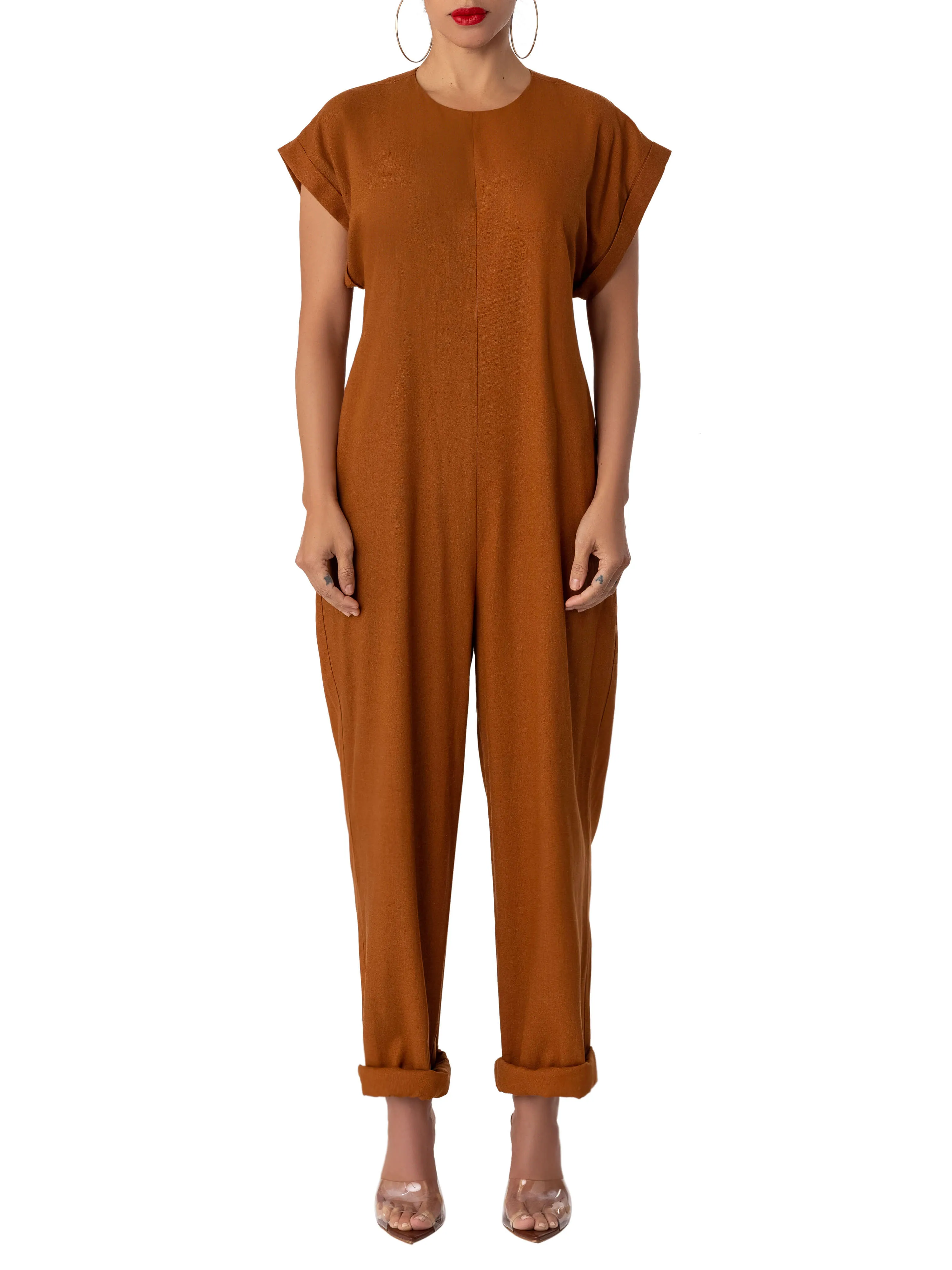 "Zion" Cognac Cap Sleeve Relaxed Jumpsuit