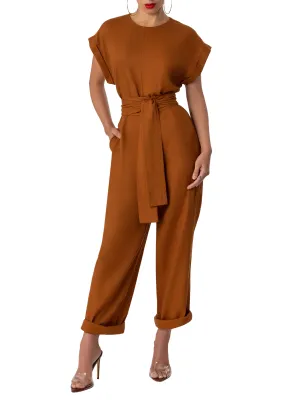 "Zion" Cognac Cap Sleeve Relaxed Jumpsuit