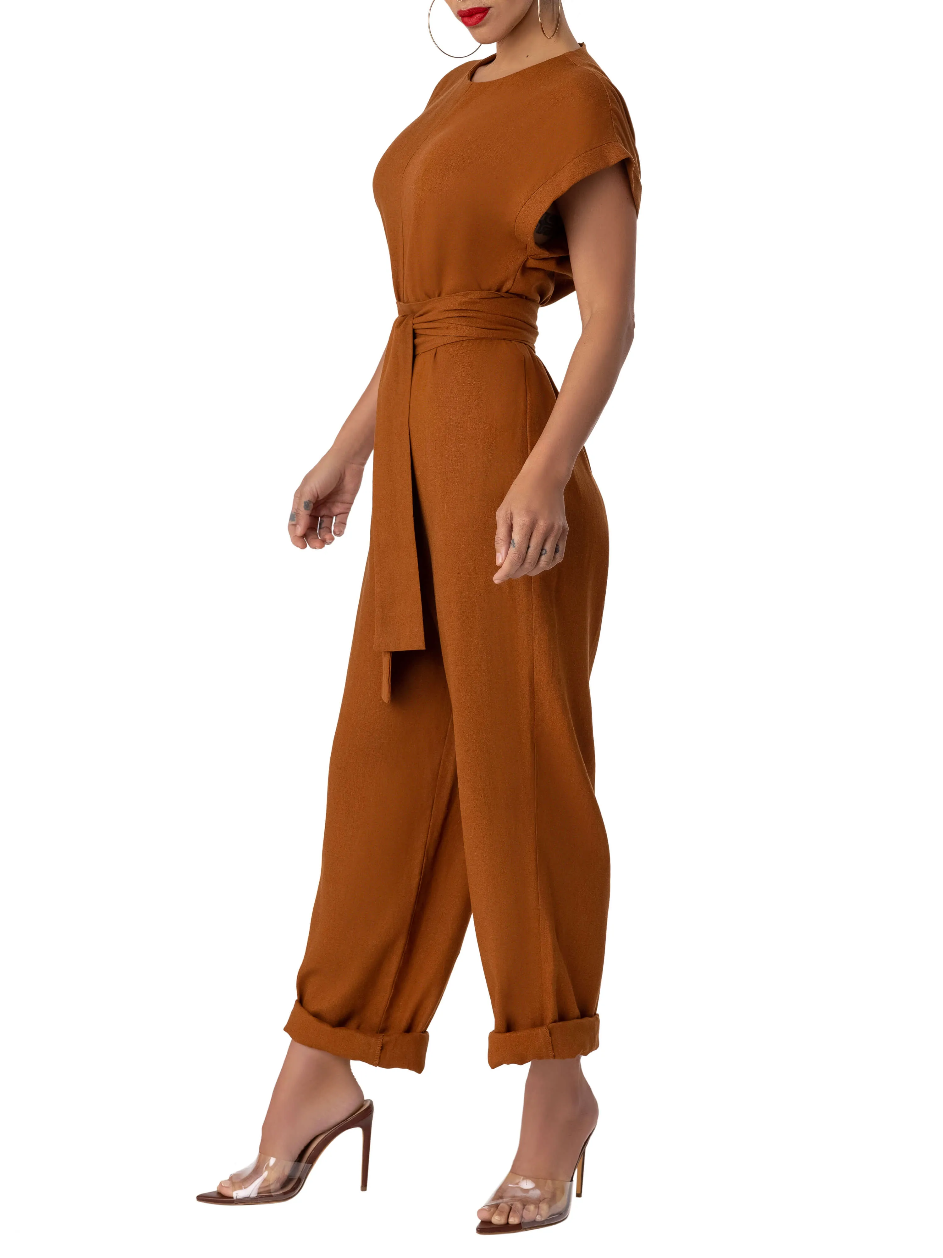 "Zion" Cognac Cap Sleeve Relaxed Jumpsuit