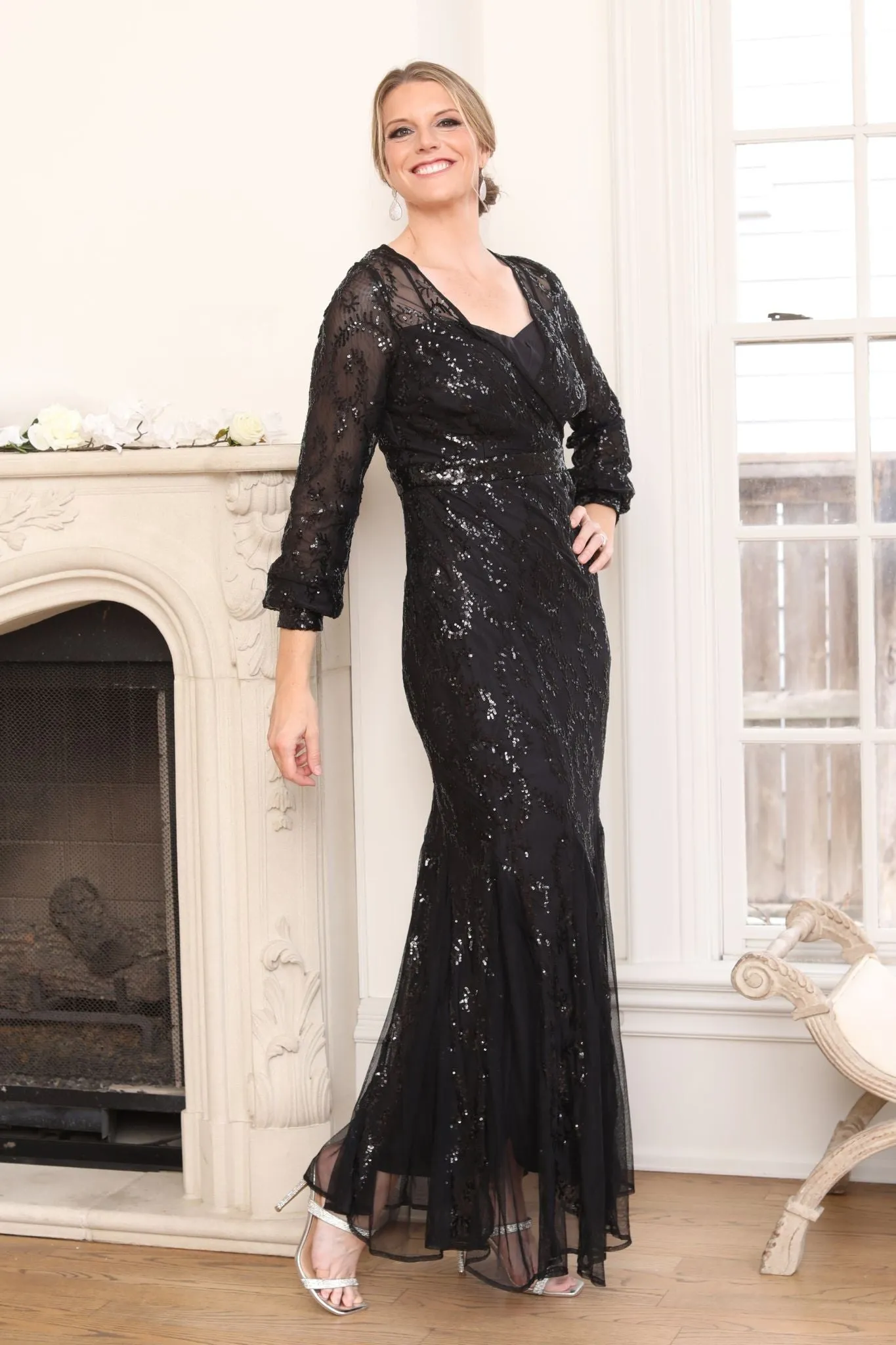 R&M Richards Women Surplice Black Sequin Evening Gown