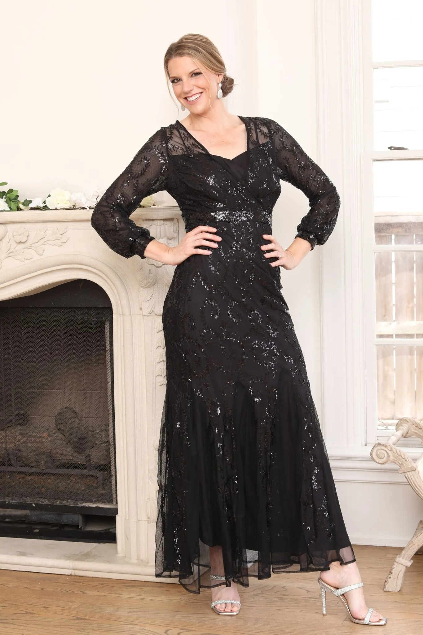 R&M Richards Women Surplice Black Sequin Evening Gown