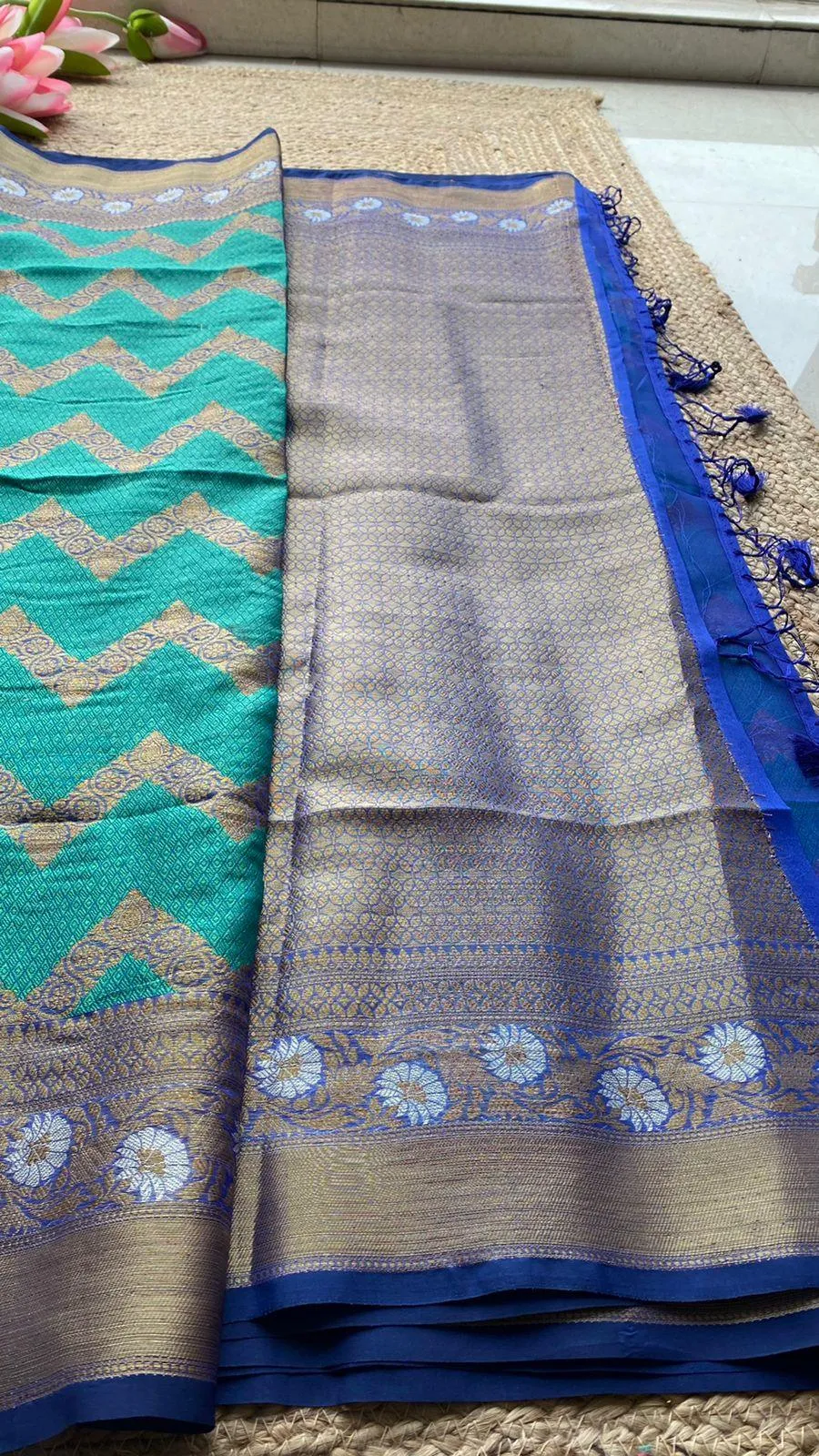 Sea blue silk chanderi saree with blouse