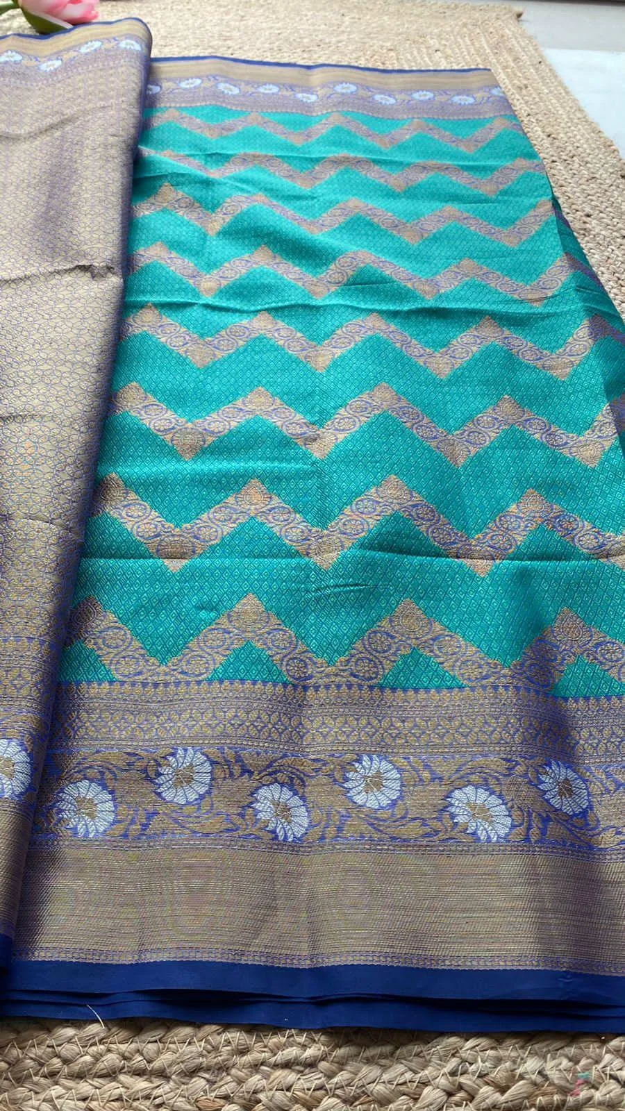 Sea blue silk chanderi saree with blouse