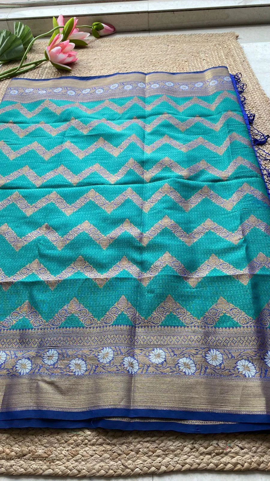 Sea blue silk chanderi saree with blouse