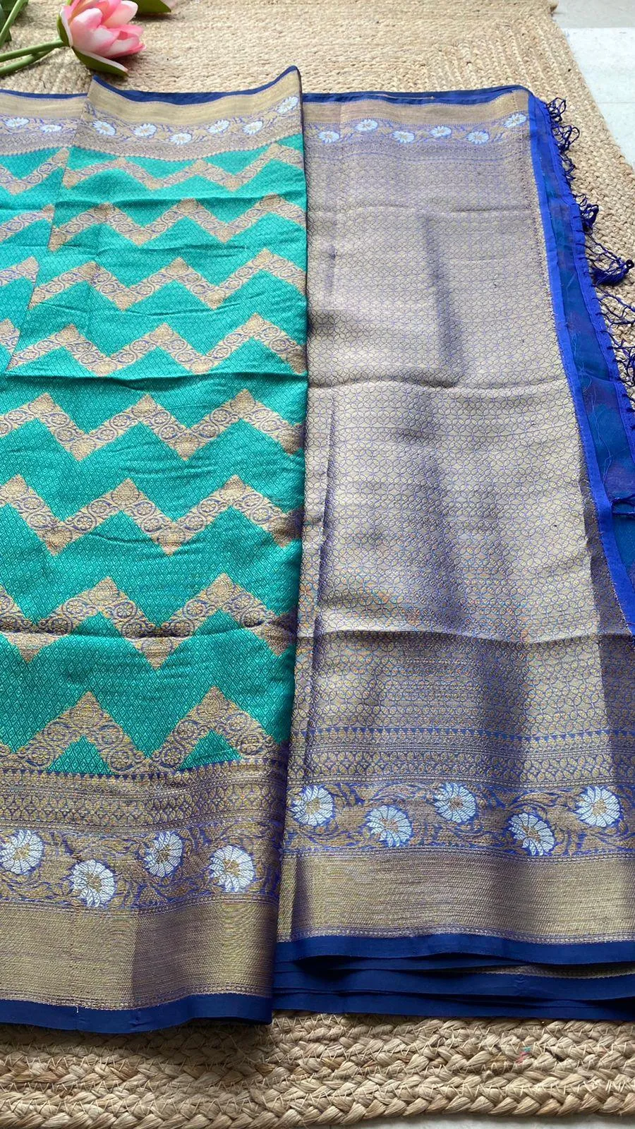 Sea blue silk chanderi saree with blouse
