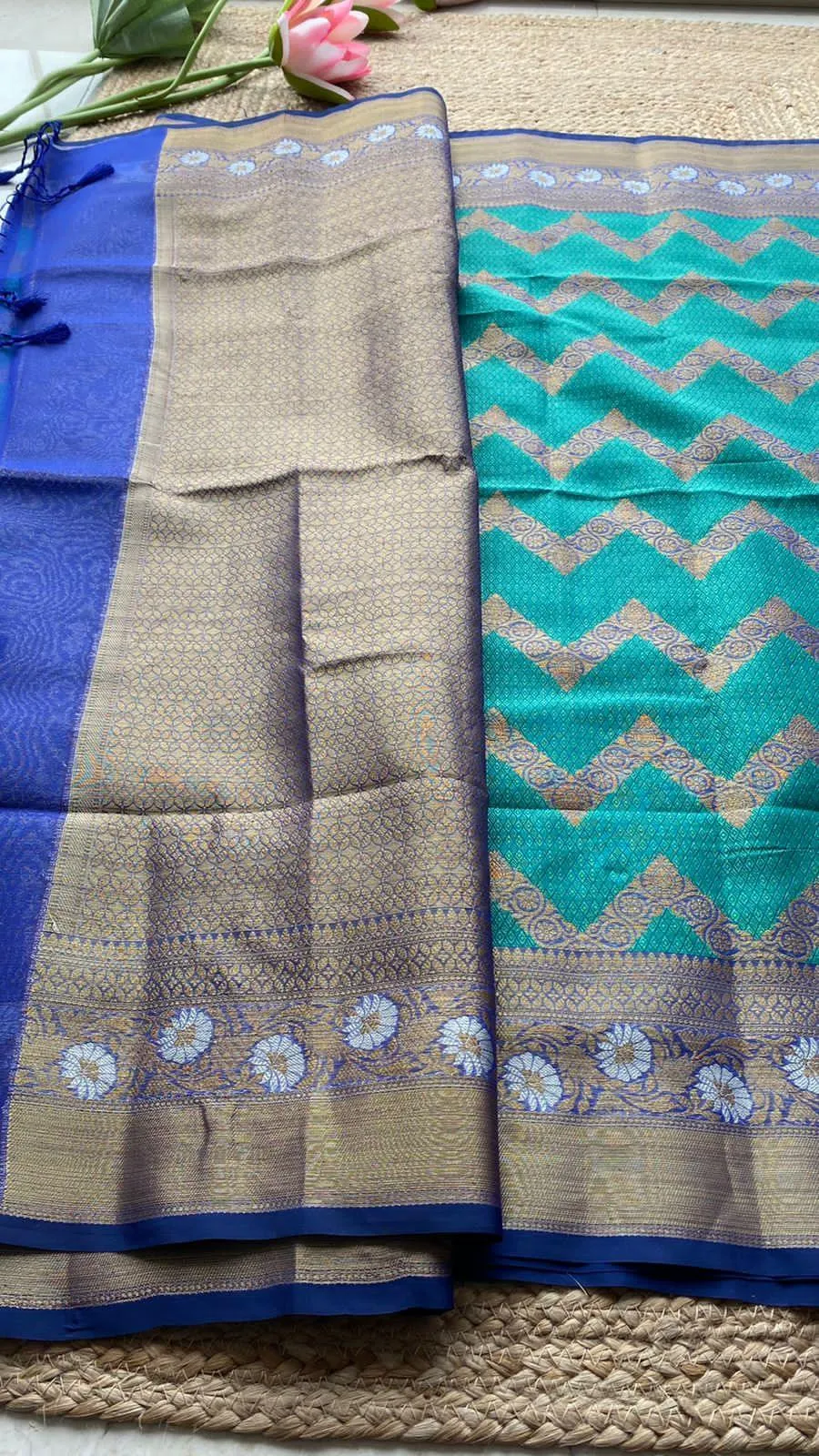 Sea blue silk chanderi saree with blouse
