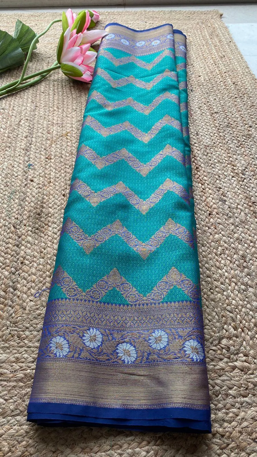 Sea blue silk chanderi saree with blouse