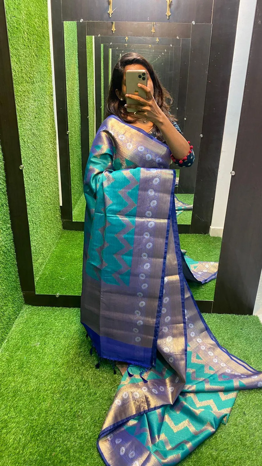 Sea blue silk chanderi saree with blouse