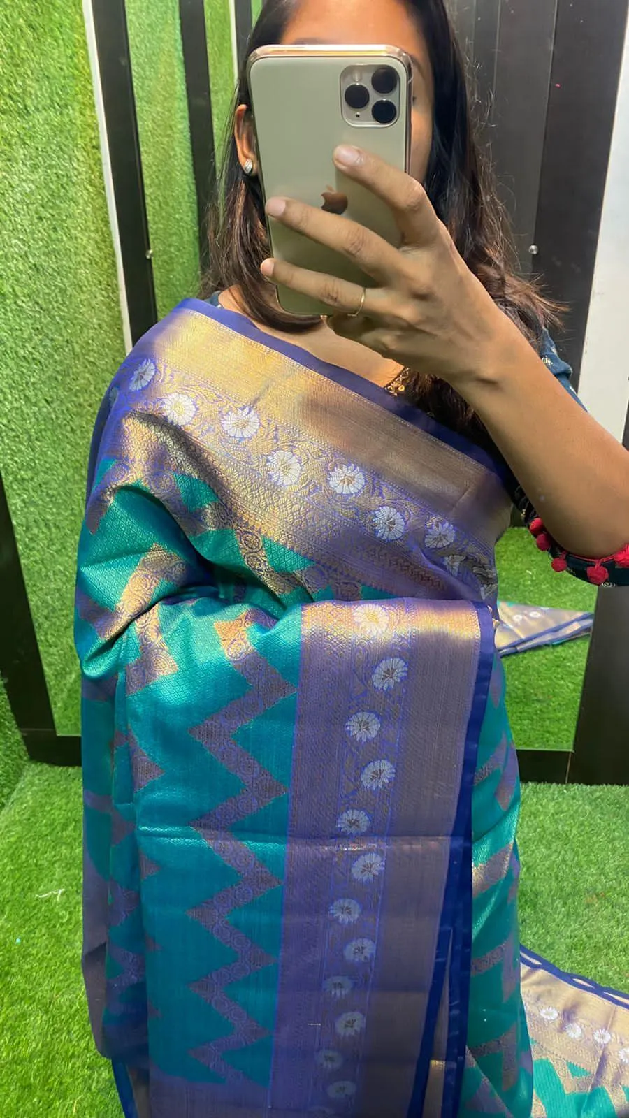 Sea blue silk chanderi saree with blouse