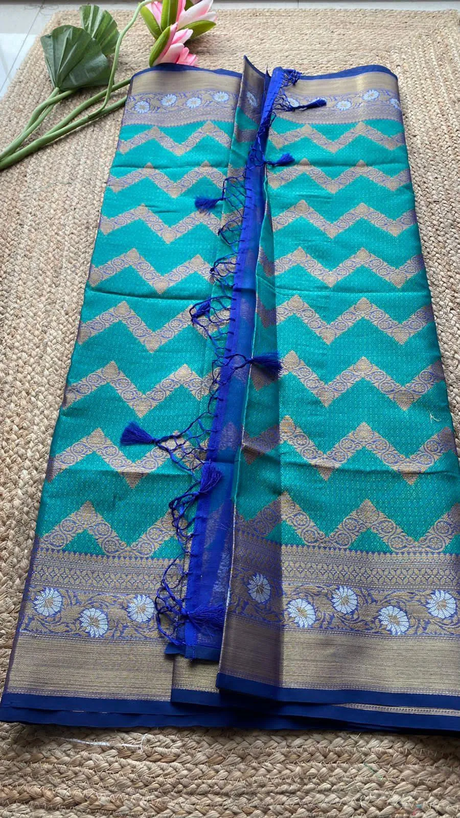 Sea blue silk chanderi saree with blouse