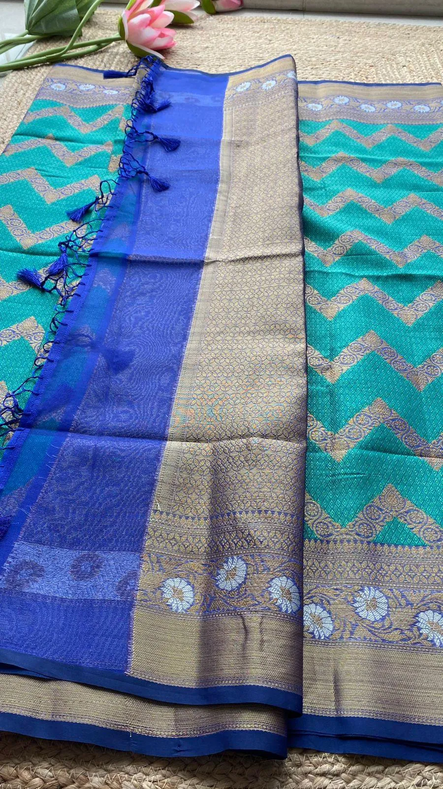 Sea blue silk chanderi saree with blouse