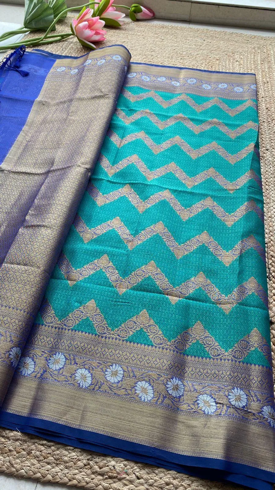 Sea blue silk chanderi saree with blouse