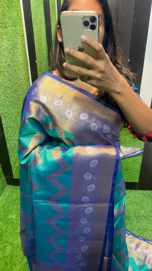 Sea blue silk chanderi saree with blouse