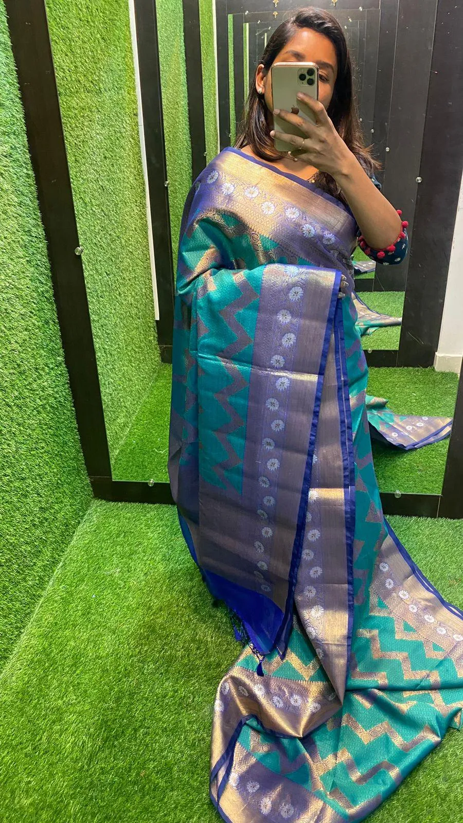 Sea blue silk chanderi saree with blouse
