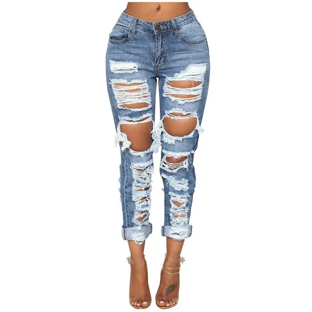 Sexy Hole Boyfriend Jeans Women High Waist Elastic Ripped Mom Jeans Streetwear Slim Denim Pencil Pants Ladies Skinny Trouser