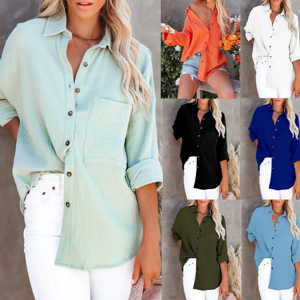 Spring Casual Linen Cotton Women Blouse