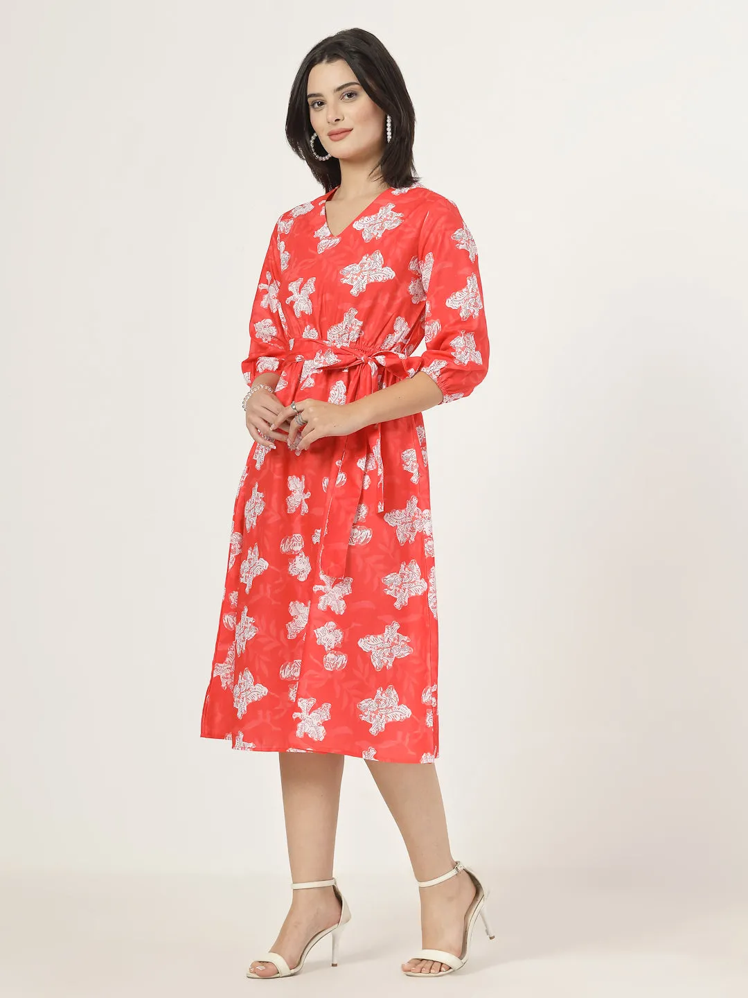 Style Quotient Women Red Printed Dress with tie-up belt