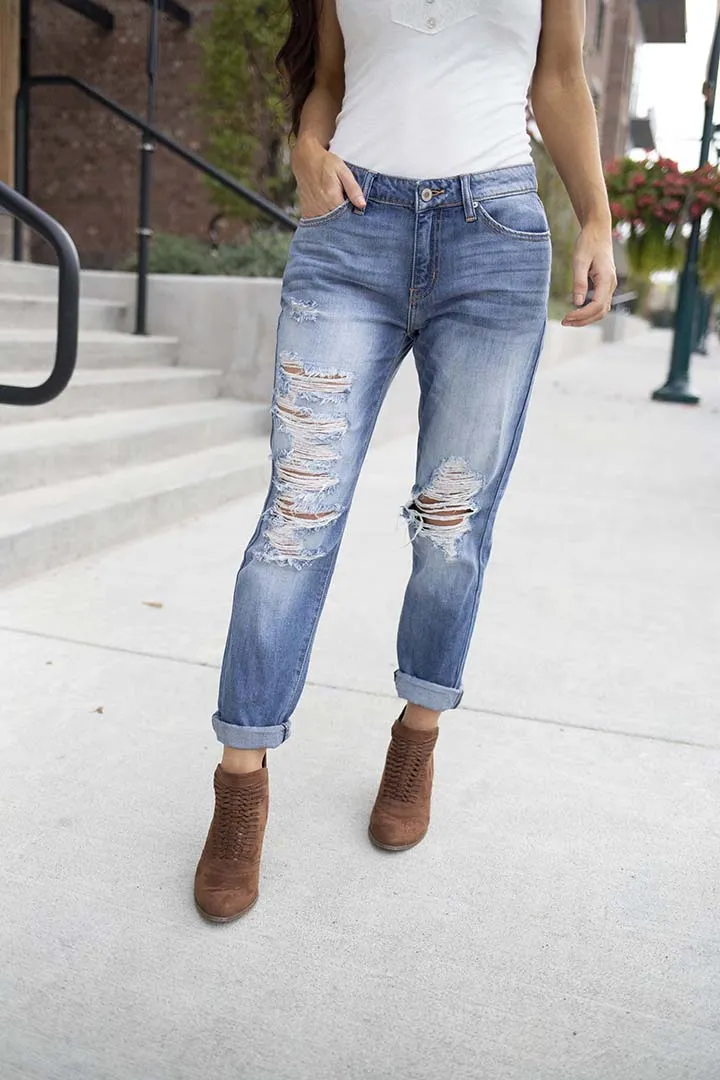 Such A Cut Up Distressed Ankle Boyfriend Jeans - Medium Wash