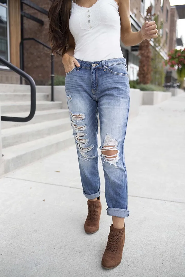 Such A Cut Up Distressed Ankle Boyfriend Jeans - Medium Wash