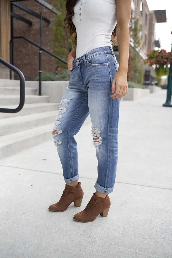 Such A Cut Up Distressed Ankle Boyfriend Jeans - Medium Wash