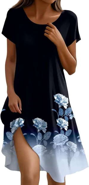 Summer Dresses for Women 2025 Casual Crewneck Beach Floral Tshirt Dress Short Sleeve Mini Dresses Flowy Sundresses