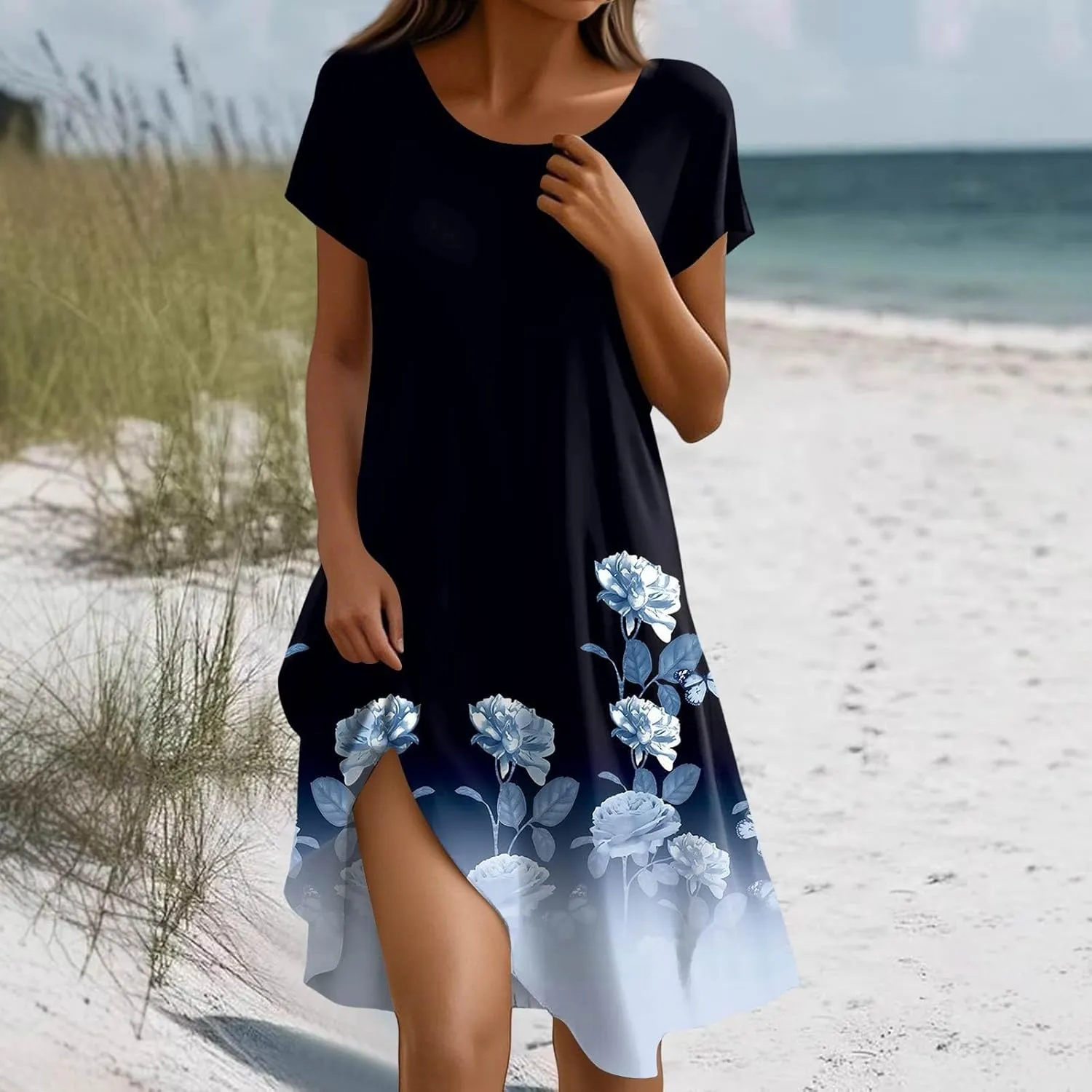 Summer Dresses for Women 2025 Casual Crewneck Beach Floral Tshirt Dress Short Sleeve Mini Dresses Flowy Sundresses