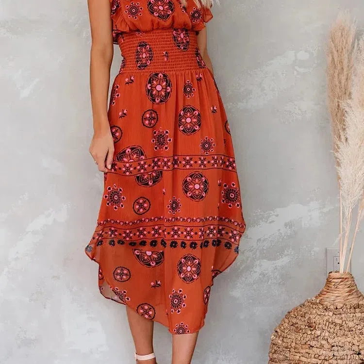 Summer Women Vintage Pattern Smocked Ruffle Midi Dress