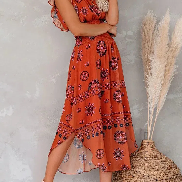 Summer Women Vintage Pattern Smocked Ruffle Midi Dress