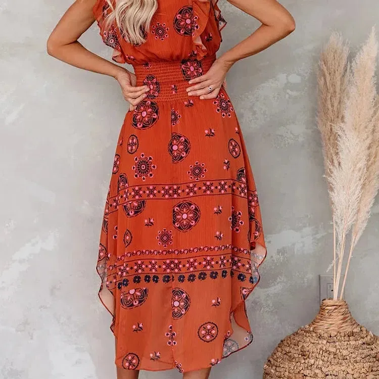Summer Women Vintage Pattern Smocked Ruffle Midi Dress