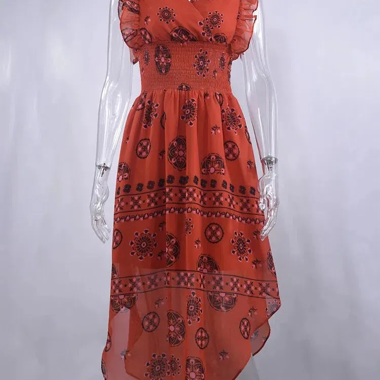 Summer Women Vintage Pattern Smocked Ruffle Midi Dress