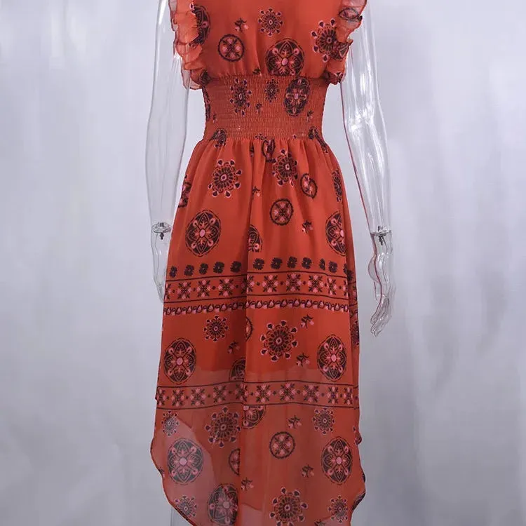 Summer Women Vintage Pattern Smocked Ruffle Midi Dress