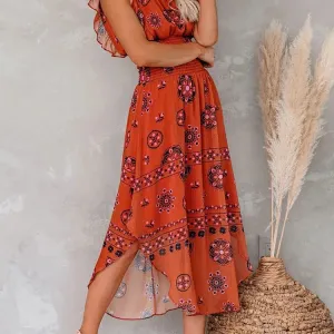 Summer Women Vintage Pattern Smocked Ruffle Midi Dress