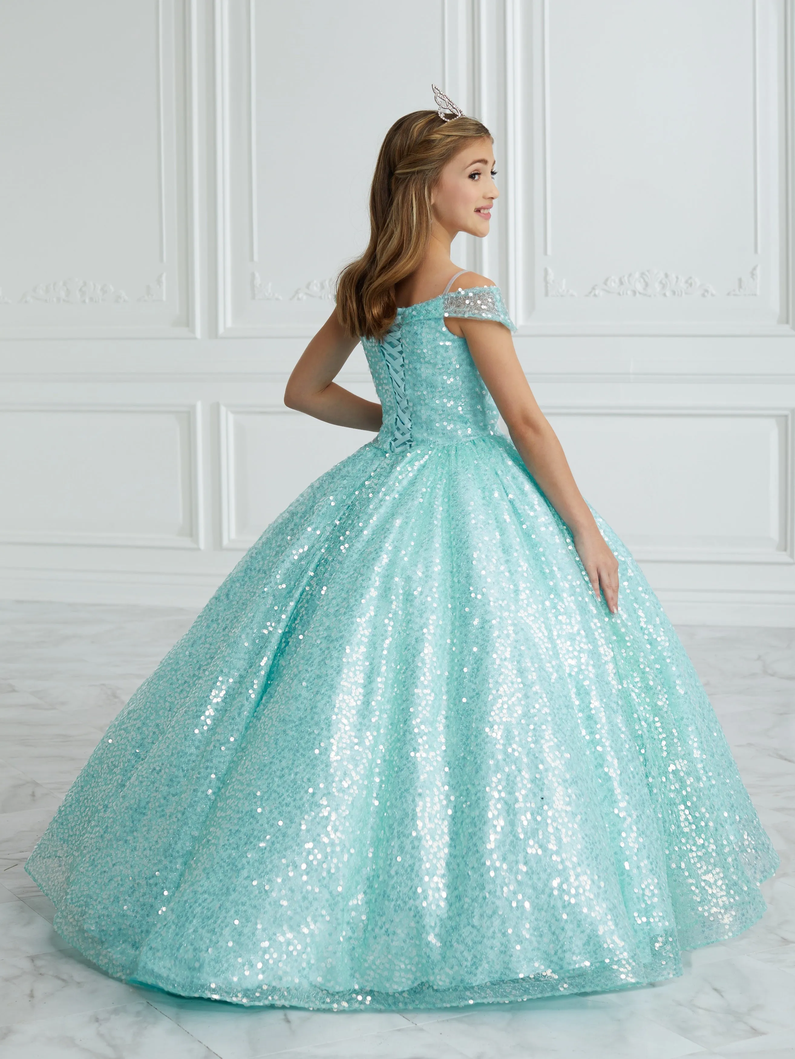 Tiffany Princess 13679 Girls Sequin Pageant Dress off the Shoulder Ball Gown Cinderella Formal