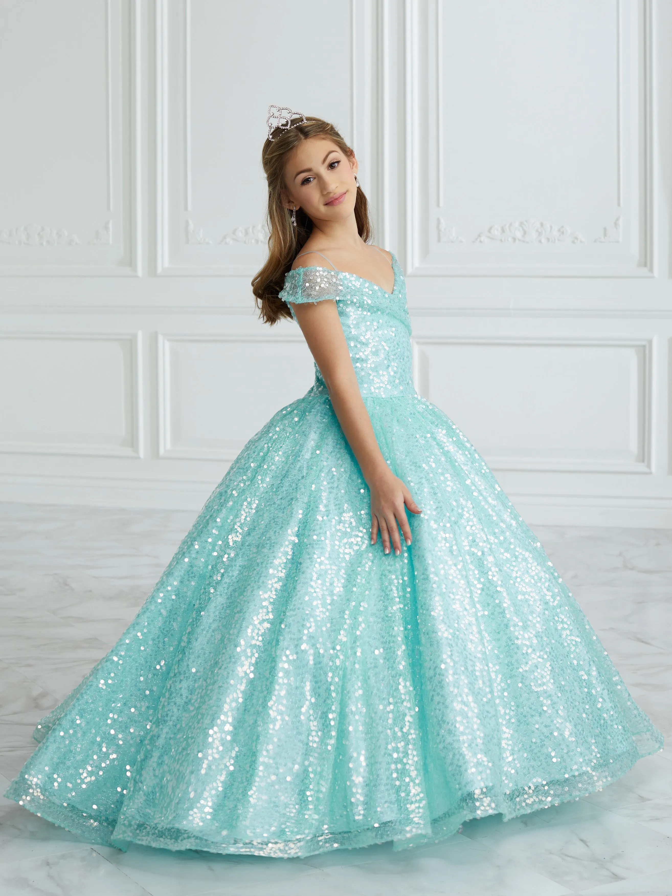 Tiffany Princess 13679 Girls Sequin Pageant Dress off the Shoulder Ball Gown Cinderella Formal